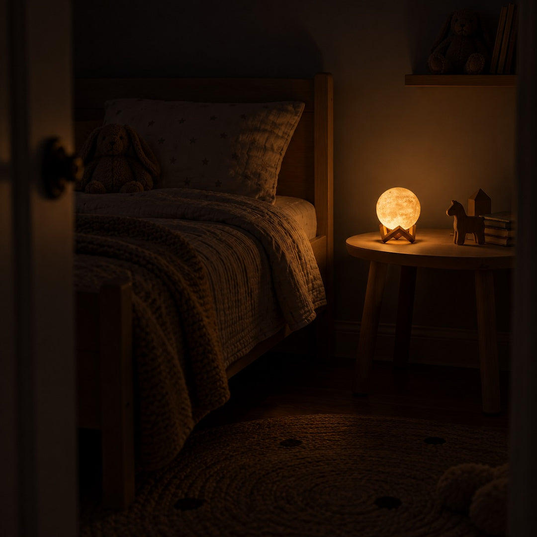 La Petite Lune Soléveil allumée sur une table de chevet, dans une chambre d'enfant plongée dans le noir