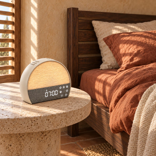 Le Soléveil Aurore sur une table de chevet en pierre, 07:00 affiché, à côté d'un lit au linge terracotta