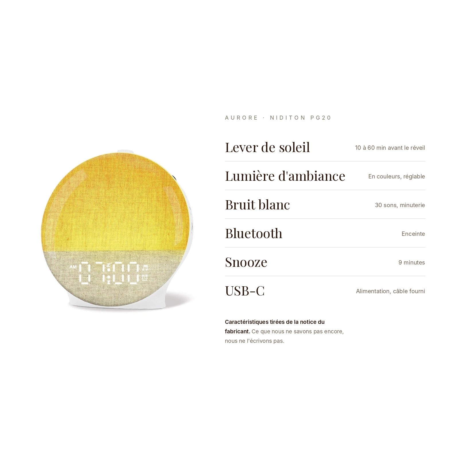 Caractéristiques du réveil Aurore, Niditon PG20 : lever de soleil de 10 à 60 minutes, lumière d’ambiance, bruit blanc, Bluetooth, snooze, USB-C