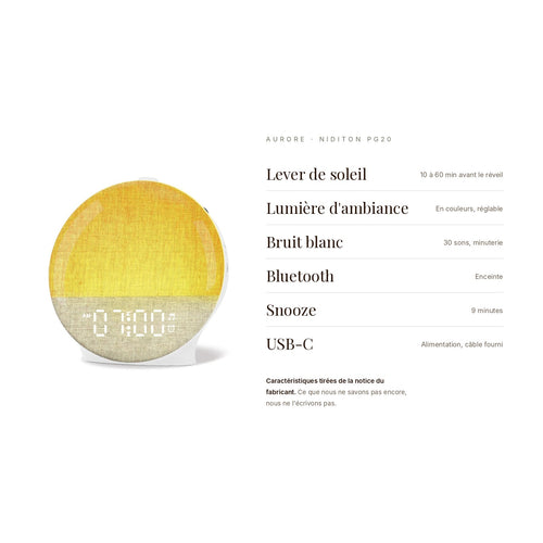 Caractéristiques du réveil Aurore, Niditon PG20 : lever de soleil de 10 à 60 minutes, lumière d'ambiance, bruit blanc, Bluetooth, snooze, USB-C