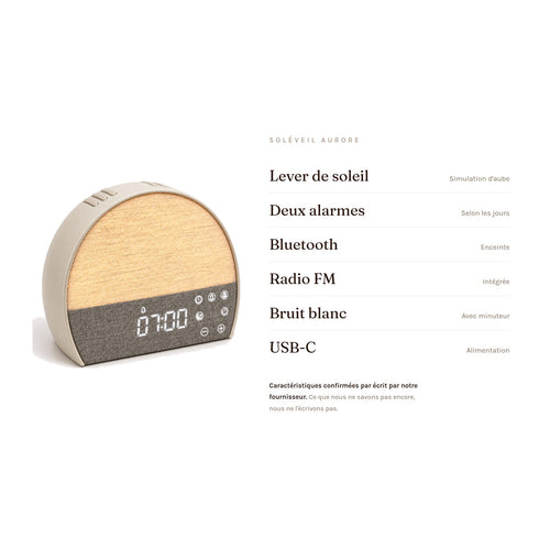 Caractéristiques du Soléveil Aurore : simulation de lever de soleil, deux alarmes selon les jours, enceinte Bluetooth, radio FM intégrée, bruit blanc avec minuteur, alimentation USB-C