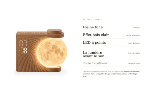 Soleveil Eclipse : veilleuse pleine lune, facade a lamelles effet bois clair, affichage LED a points, duree de simulation d'aube a confirmer.