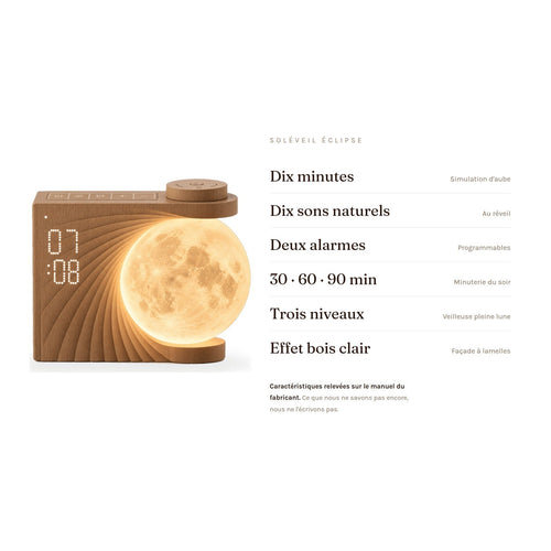 Infographie Soléveil Éclipse : simulation d'aube de dix minutes, dix sons naturels, deux alarmes programmables, minuterie du soir 30, 60 ou 90 minutes, veilleuse pleine lune à trois niveaux, façade à finition effet bois clair