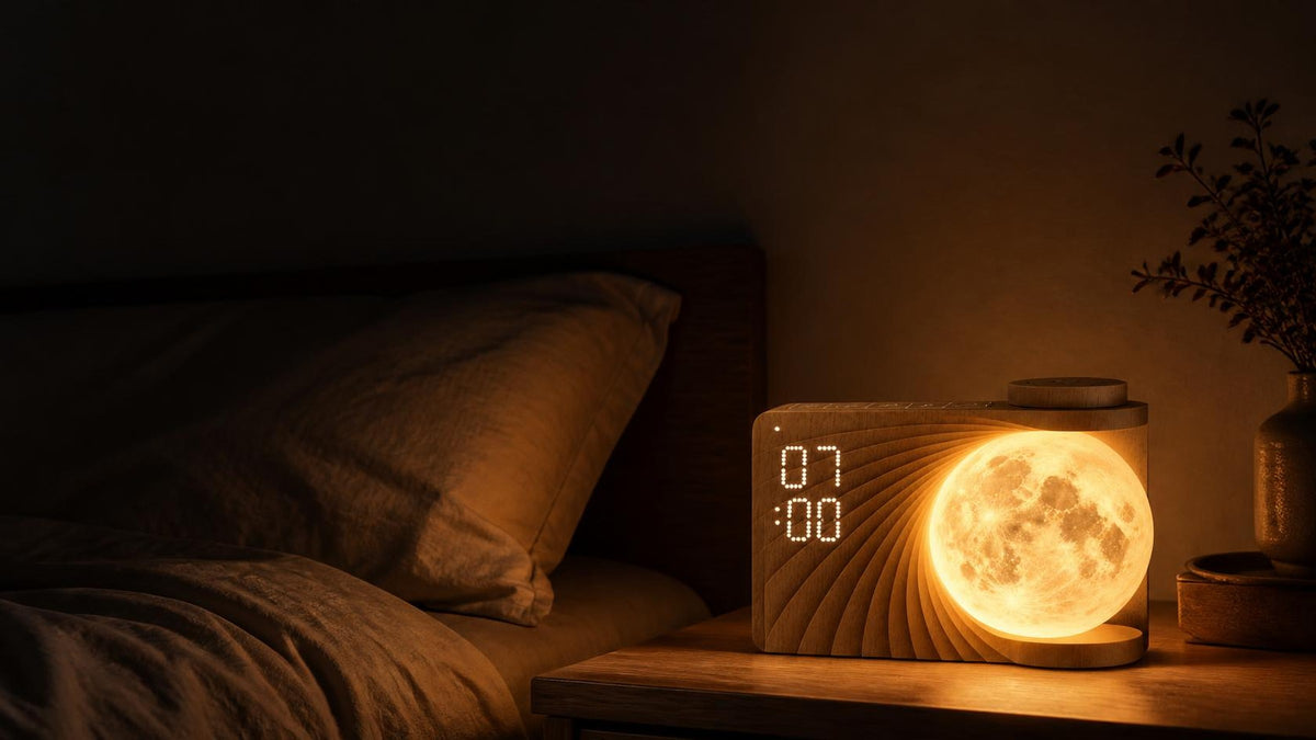 L'Éclipse allumé la nuit sur une table de chevet, l'afficheur indique 07:00