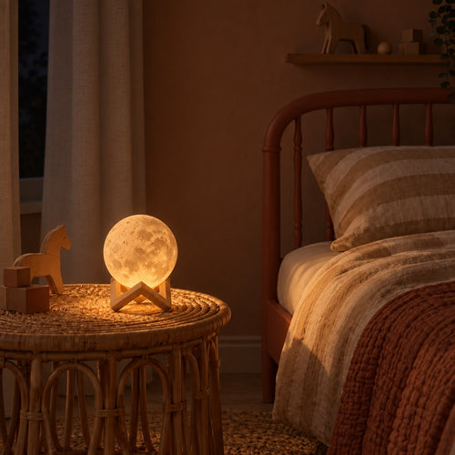 La Petite Lune allumée la nuit sur une table en rotin, dans une chambre d'enfant plongée dans le noir